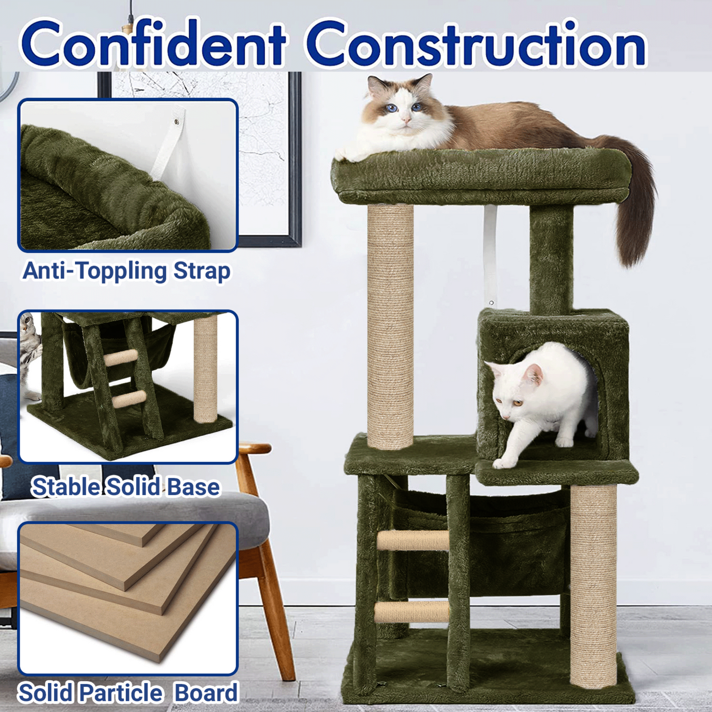 Plush Fabric Playing Kitten Cat Tree - Top Bed | Hammock | Condo | Furry Ball | Climbing Ladder | Jute Rope Scratching Posts