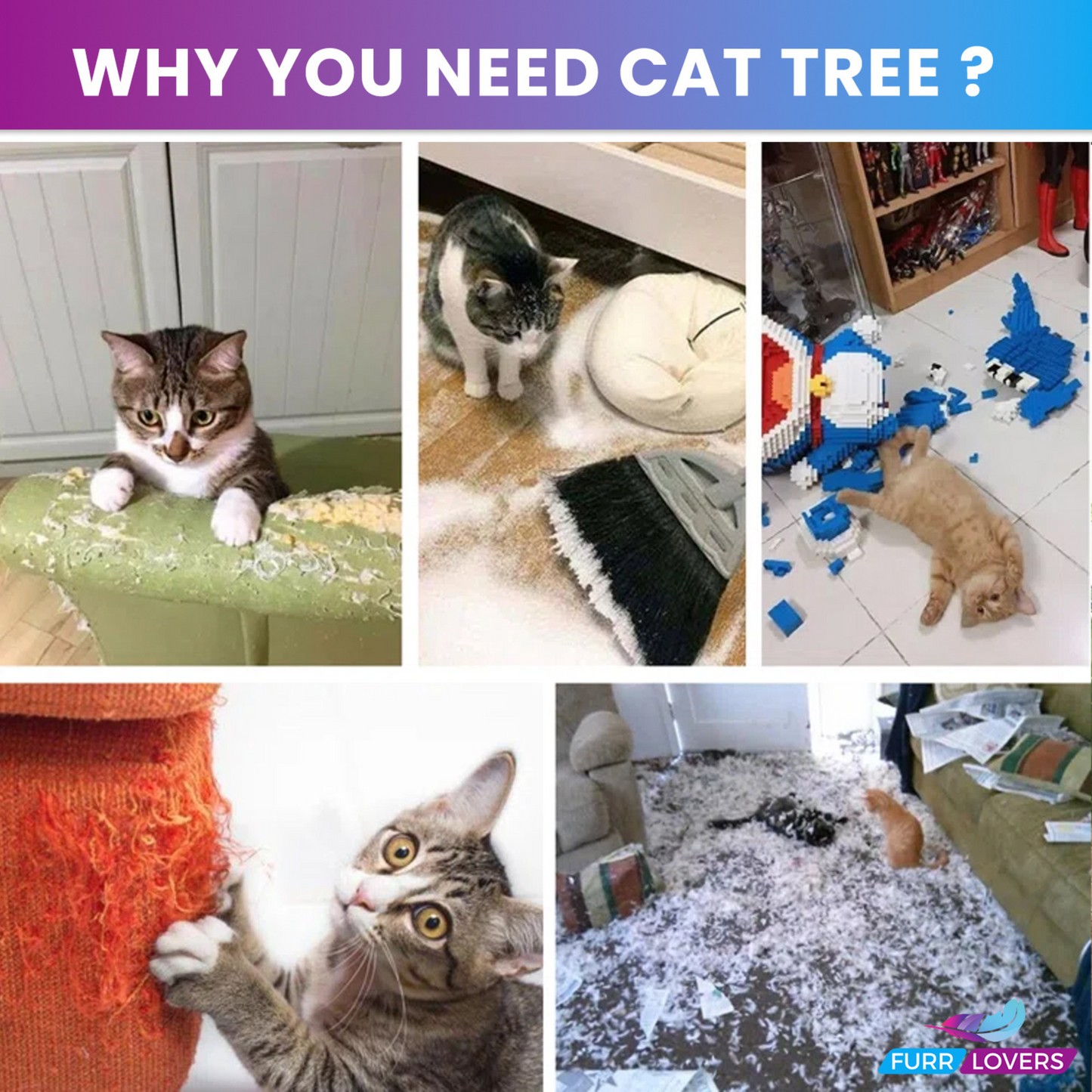 FURRLOVERS Multi-Level Cat Tree Tower, 64-Inch Tall, with Scratching Posts, Hammocks and Condo,