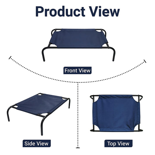 Blue Elevated Raised Cooling Cots Bed for Dogs, Cats Portable Indoor & Outdoor Pet Hammock with Skid-Resistant Feet, Frame with Breathable Canvas Cloth.