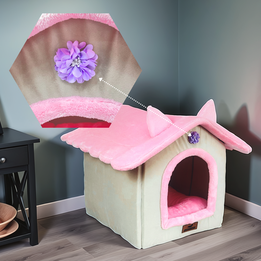 Foldable Velvet Fabric Dual Color House/Hut for Dogs & Cats | Removable Plush Pillow | cat Shaped