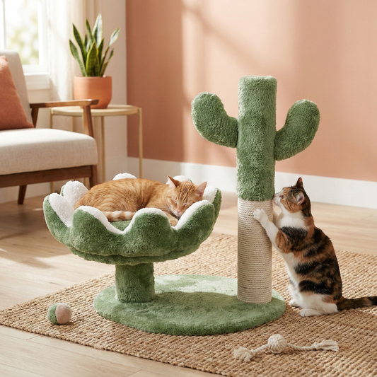 FURRLOVERS Cactus Cat Tree with Scratching Post, Green, 20 Inch Height, Plush Bed, Sisal Rope, 16x19 Inch Base (FURR-003-CACTUS)