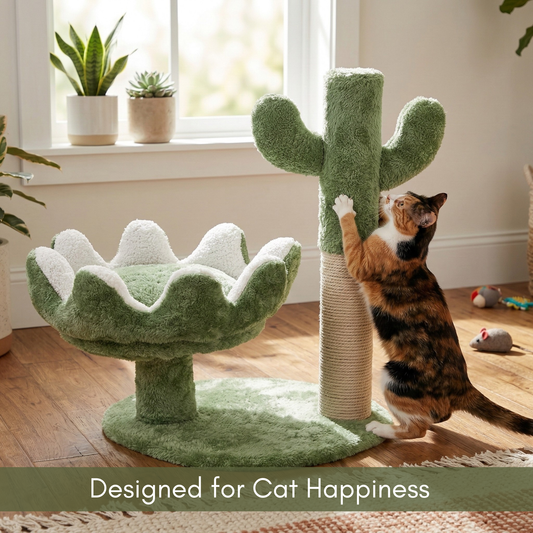 FURRLOVERS Cactus Cat Tree with Scratching Post, Green, 20 Inch Height, Plush Bed, Sisal Rope, 16x19 Inch Base (FURR-003-CACTUS)