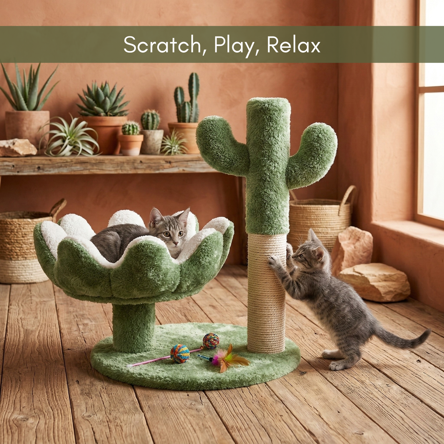 FURRLOVERS Cactus Cat Tree with Scratching Post, Green, 20 Inch Height, Plush Bed, Sisal Rope, 16x19 Inch Base (FURR-003-CACTUS)