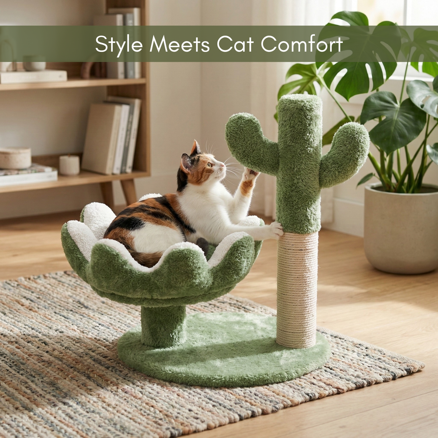 FURRLOVERS Cactus Cat Tree with Scratching Post, Green, 20 Inch Height, Plush Bed, Sisal Rope, 16x19 Inch Base (FURR-003-CACTUS)
