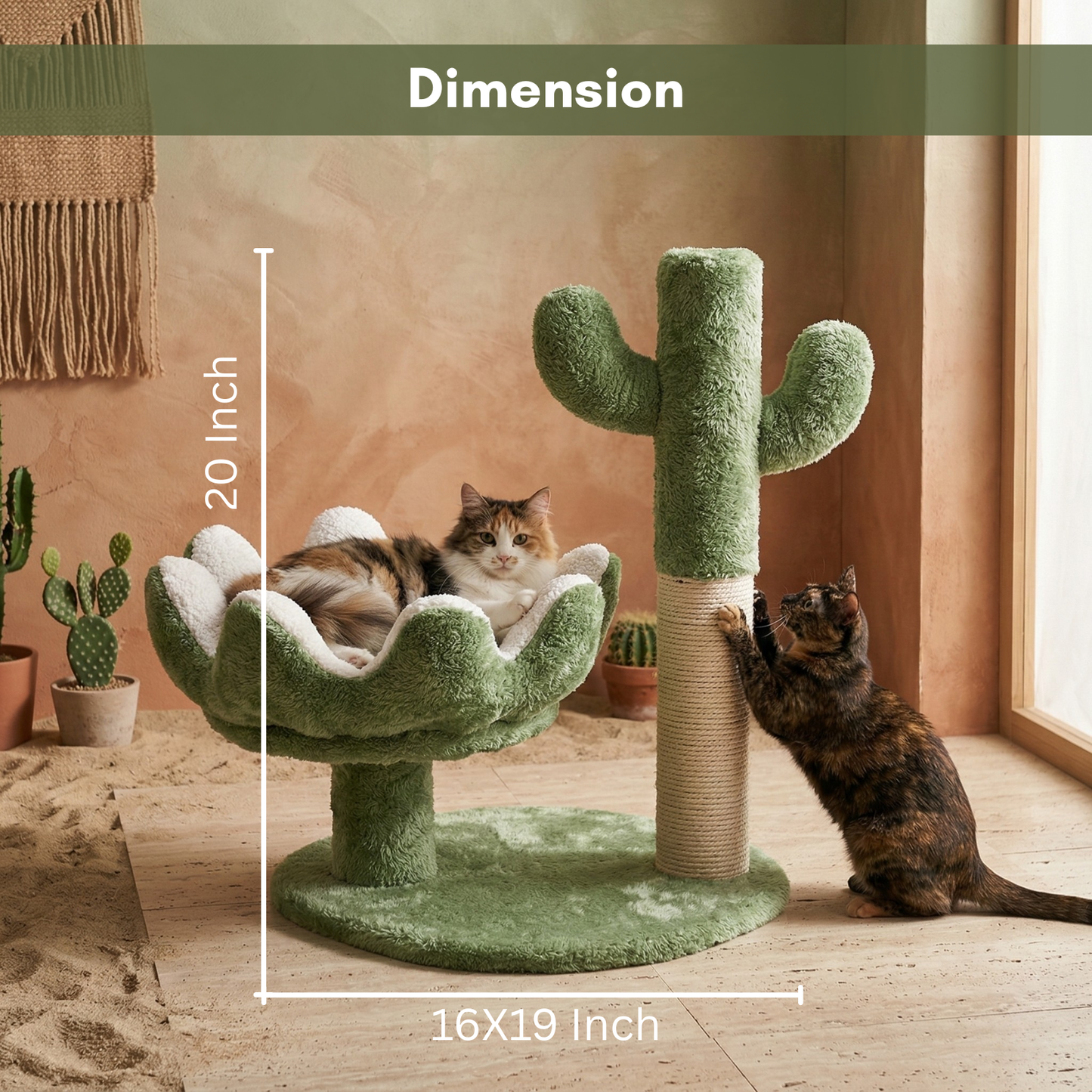 FURRLOVERS Cactus Cat Tree with Scratching Post, Green, 20 Inch Height, Plush Bed, Sisal Rope, 16x19 Inch Base (FURR-003-CACTUS)
