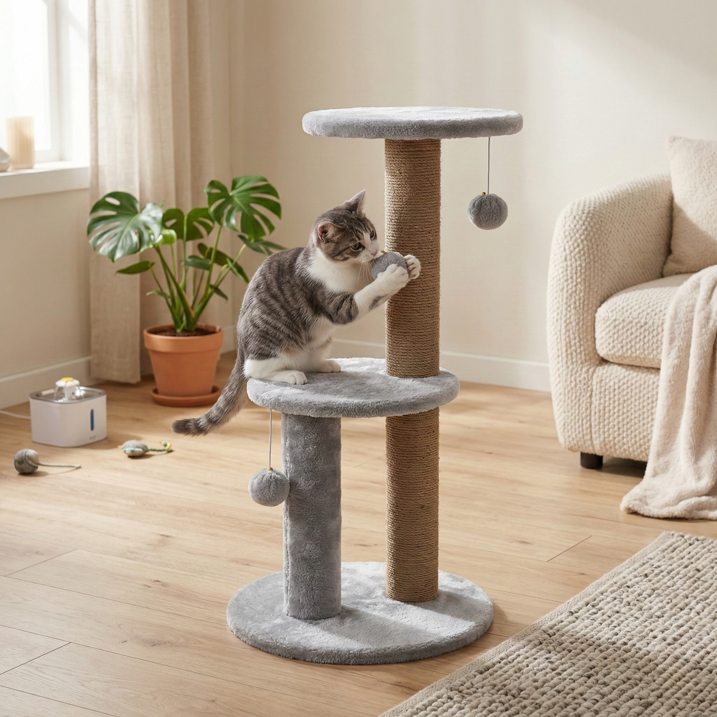 FURRLOVER Cat Tree Tower with Scratching Posts, Grey, 3-Tier Multi-Level, Plush Platforms, Natural Rope Posts, Hanging Toys, 34 Inch Height (FURR-10)