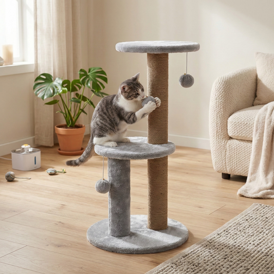 FURRLOVER Cat Tree Tower with Scratching Posts, Grey, 3-Tier Multi-Level, Plush Platforms, Natural Rope Posts, Hanging Toys, 34 Inch Height (FURR-10)
