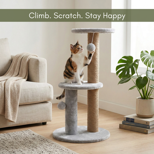 FURRLOVER Cat Tree Tower with Scratching Posts, Grey, 3-Tier Multi-Level, Plush Platforms, Natural Rope Posts, Hanging Toys, 34 Inch Height (FURR-10)