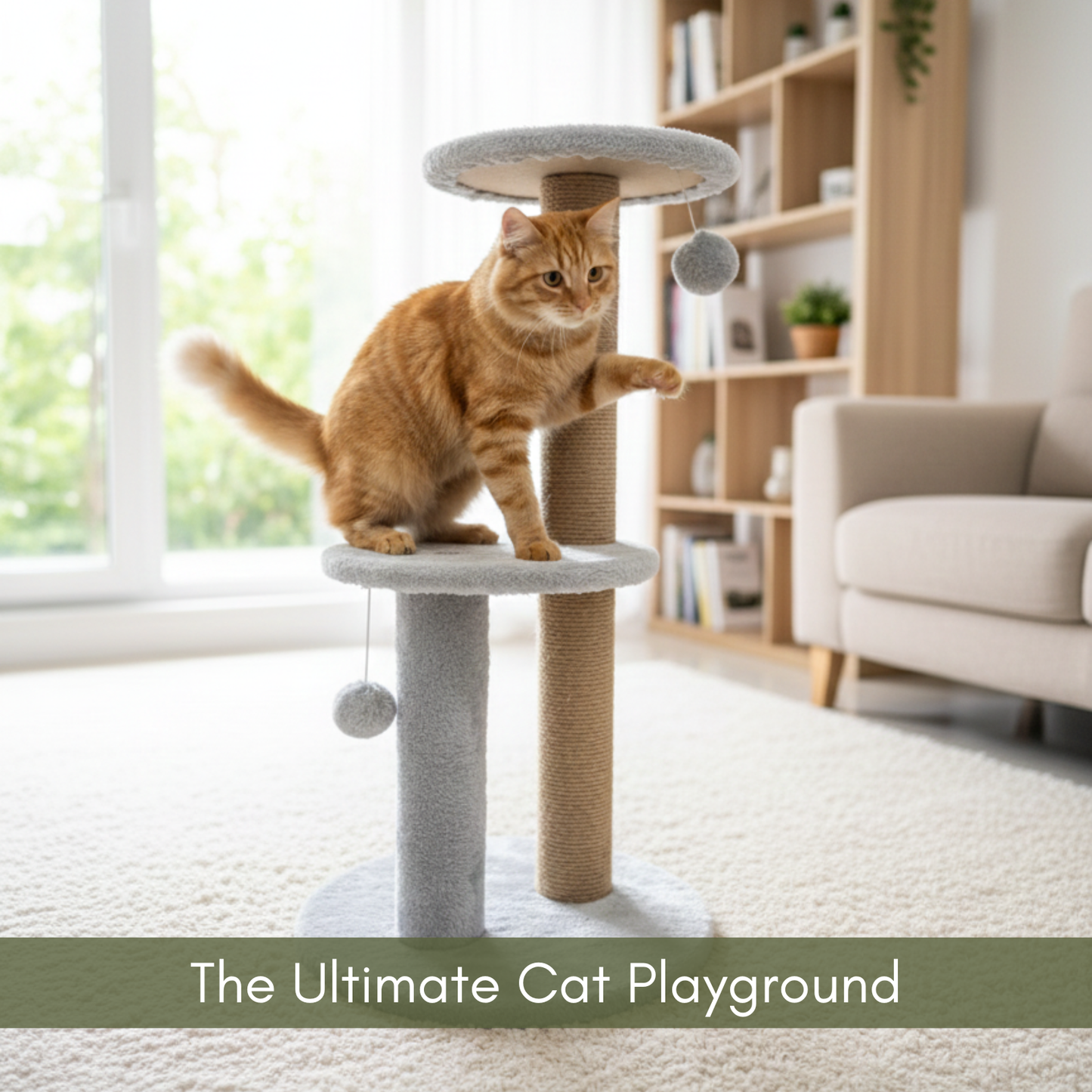 FURRLOVER Cat Tree Tower with Scratching Posts, Grey, 3-Tier Multi-Level, Plush Platforms, Natural Rope Posts, Hanging Toys, 34 Inch Height (FURR-10)