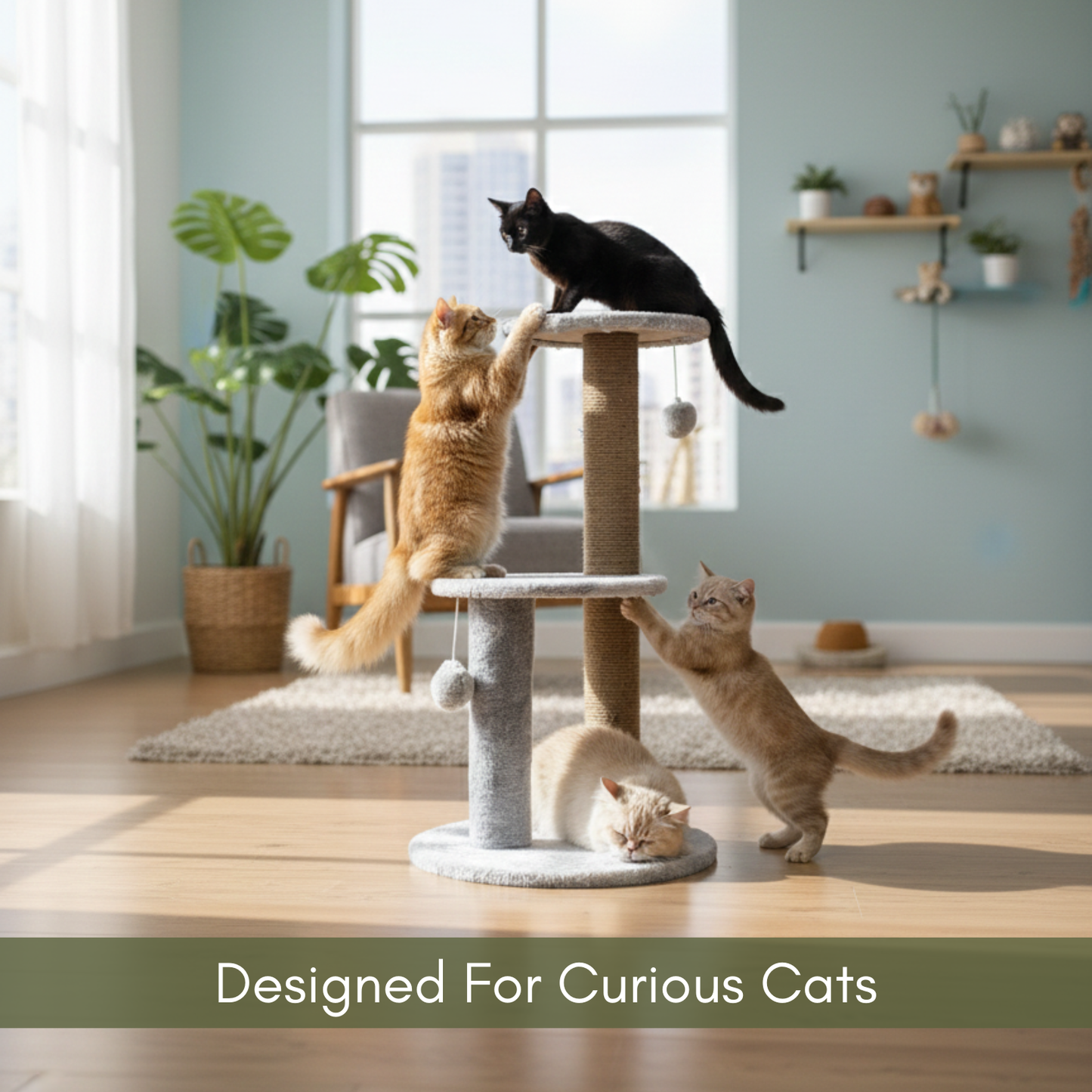 FURRLOVER Cat Tree Tower with Scratching Posts, Grey, 3-Tier Multi-Level, Plush Platforms, Natural Rope Posts, Hanging Toys, 34 Inch Height (FURR-10)