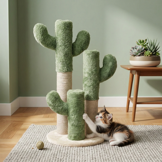 FURRLOVERS Cactus Cat Scratching Post, Green Plush, Cotton Rope, 25 Inch Height, Interactive Climbing Tower (FURR-002-CACTUS)