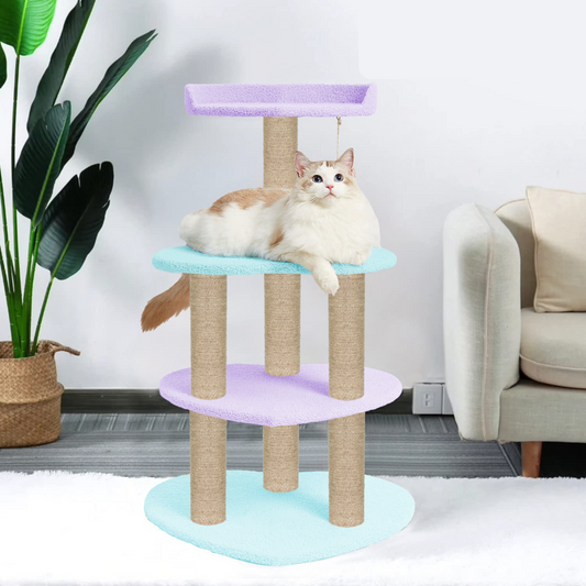 Heart Shape Multicolor Kitten Cat Tree - Jute Rope | Scratching Posts | Activity Center | Top Perch | (Sky Blue-Purple) (Height 40 Inch)
