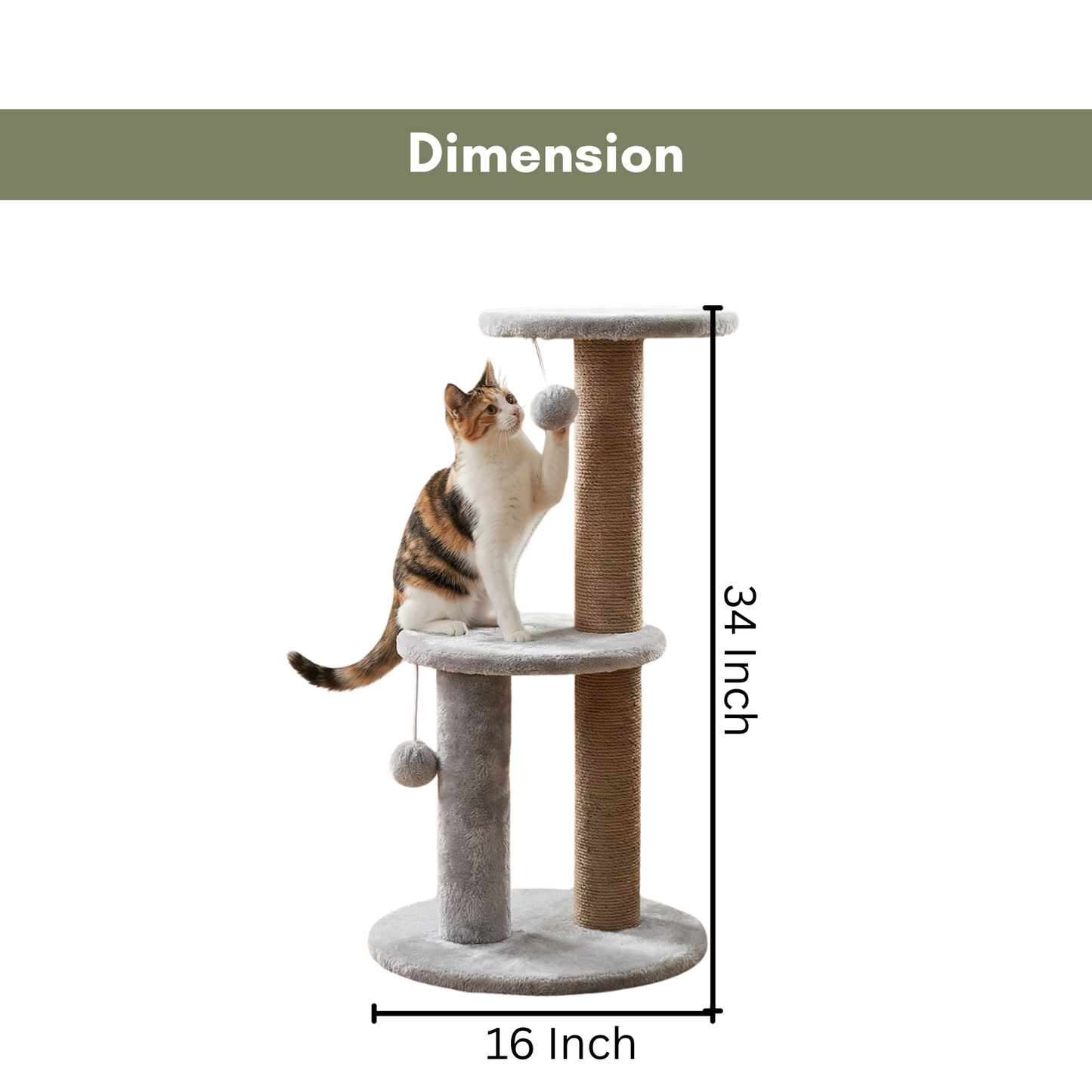 FURRLOVER Cat Tree Tower with Scratching Posts, Grey, 3-Tier Multi-Level, Plush Platforms, Natural Rope Posts, Hanging Toys, 34 Inch Height (FURR-10)