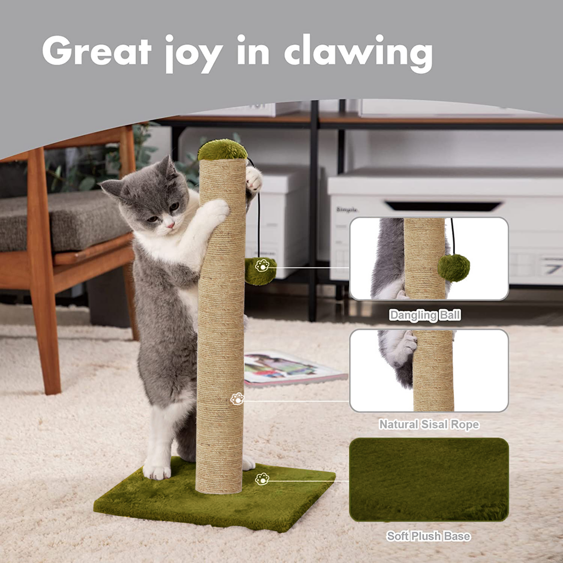 green Scratching Post Cat Kitten Tree | Dangling Ball |