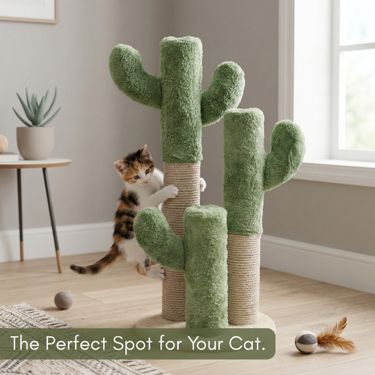 FURRLOVERS Cactus Cat Scratching Post, Green Plush, Cotton Rope, 25 Inch Height, Interactive Climbing Tower (FURR-002-CACTUS)