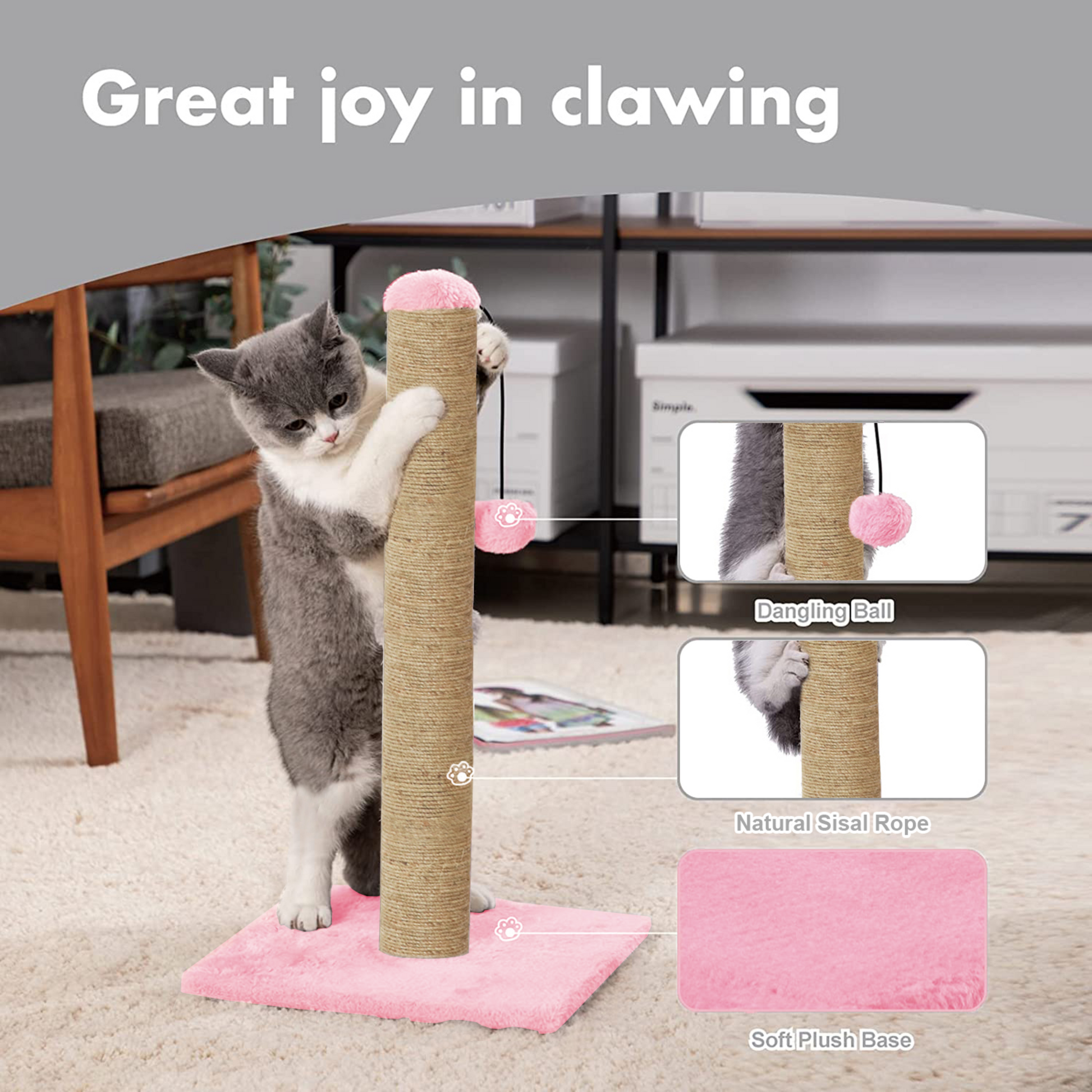 pink Scratching Post Cat Kitten Tree with dangling ball