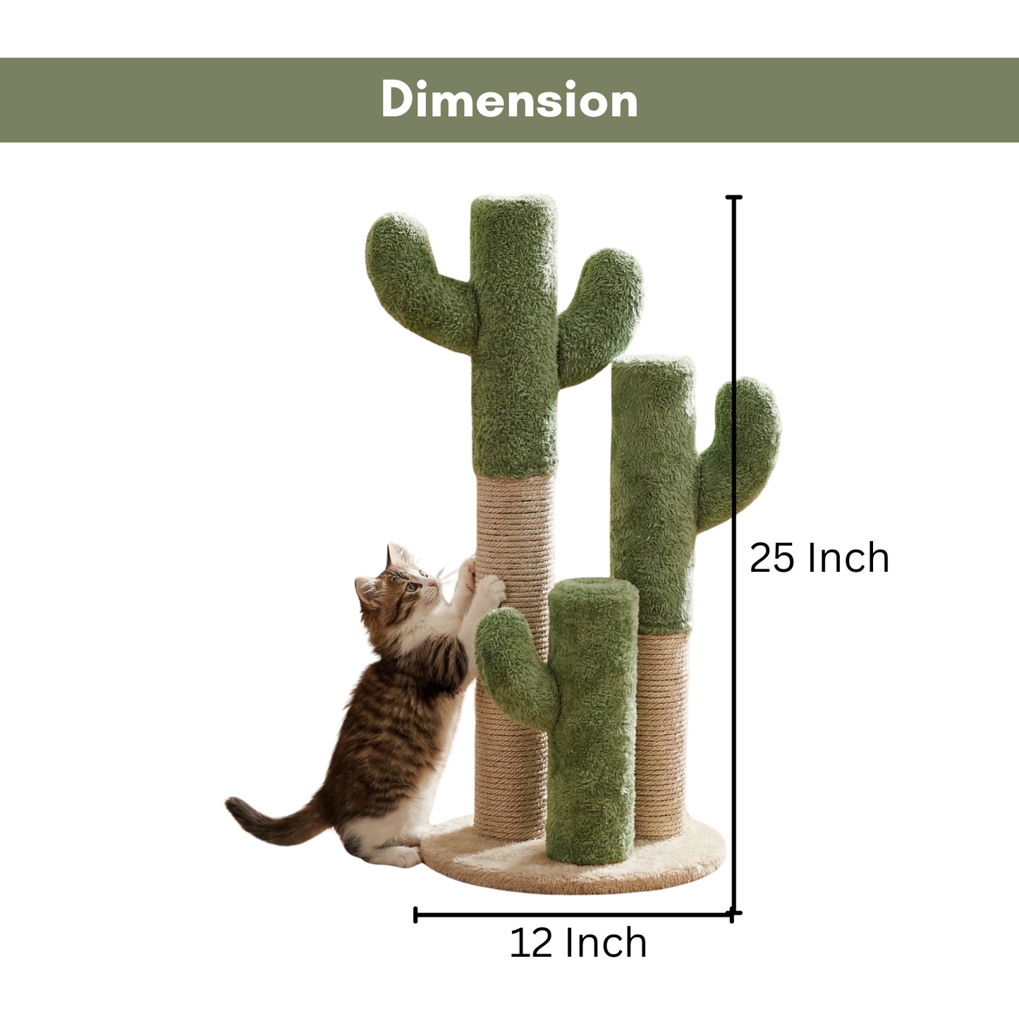 FURRLOVERS Cactus Cat Scratching Post, Green Plush, Cotton Rope, 25 Inch Height, Interactive Climbing Tower (FURR-002-CACTUS)