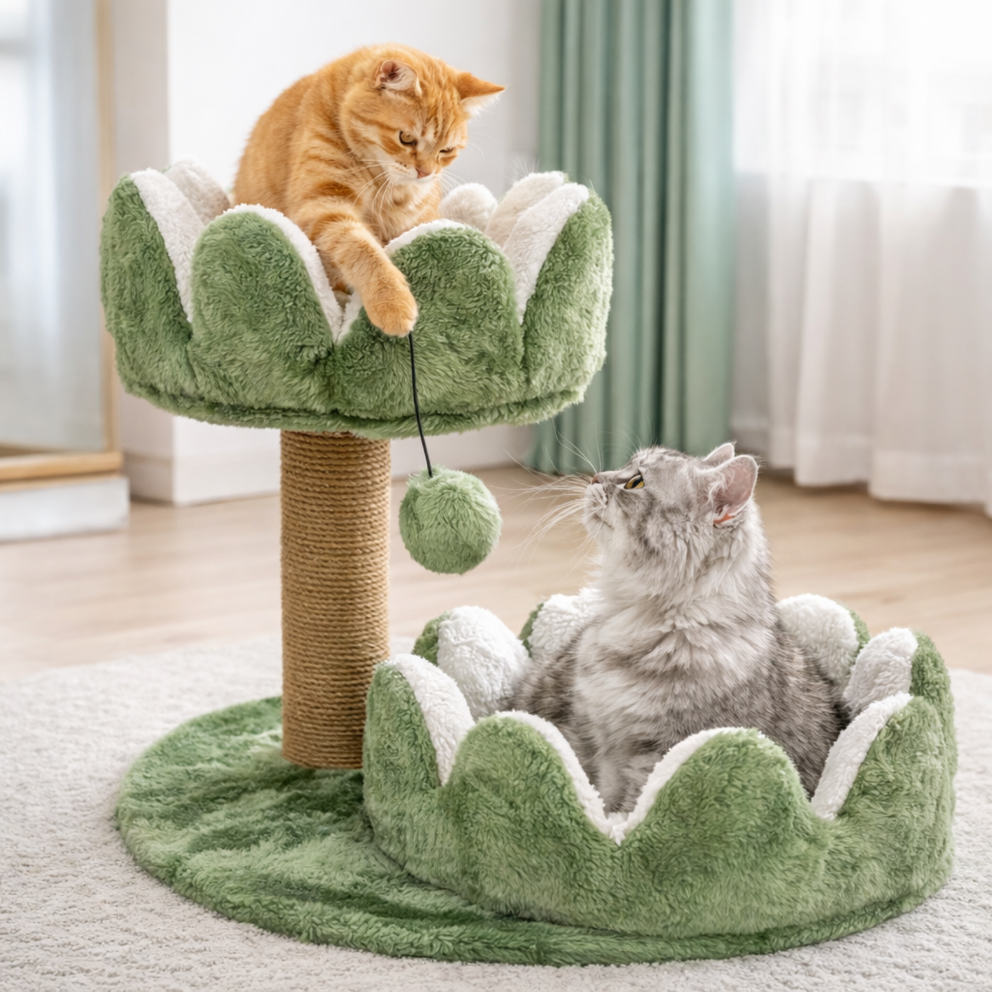 FURRLOVERS Cat Tree Tower with Scratching Post, Green and White, Plush Flower Design, 2-Tier with Hanging Ball Toy, 17 Inch Height (FURR-004-FLOWER)