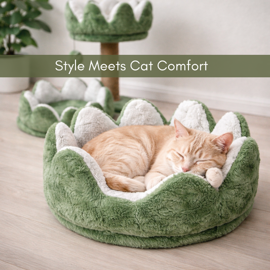 FURRLOVERS Cat Tree Tower with Scratching Post, Green and White, Plush Flower Design, 2-Tier with Hanging Ball Toy, 17 Inch Height (FURR-004-FLOWER)