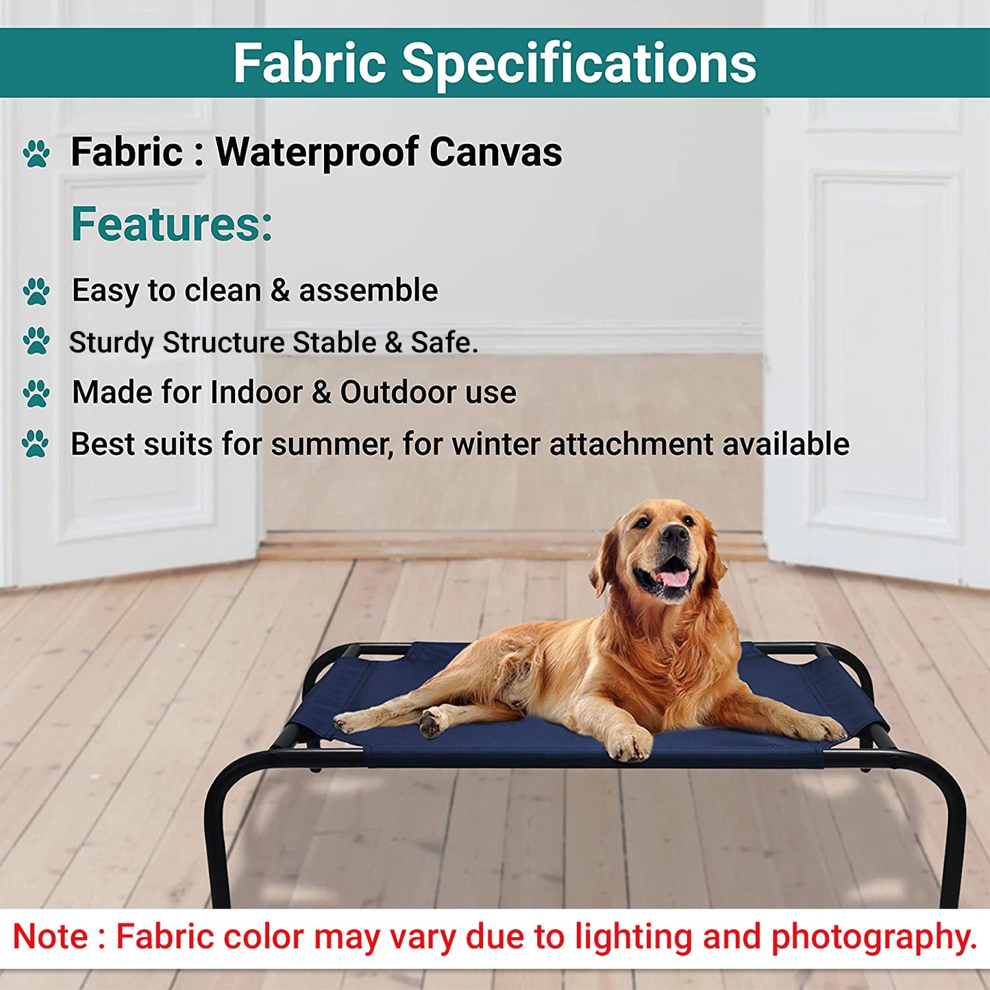 Blue Elevated Raised Cooling Cots Bed for Dogs, Cats Portable Indoor & Outdoor Pet Hammock with Skid-Resistant Feet, Frame with Breathable Canvas Cloth.