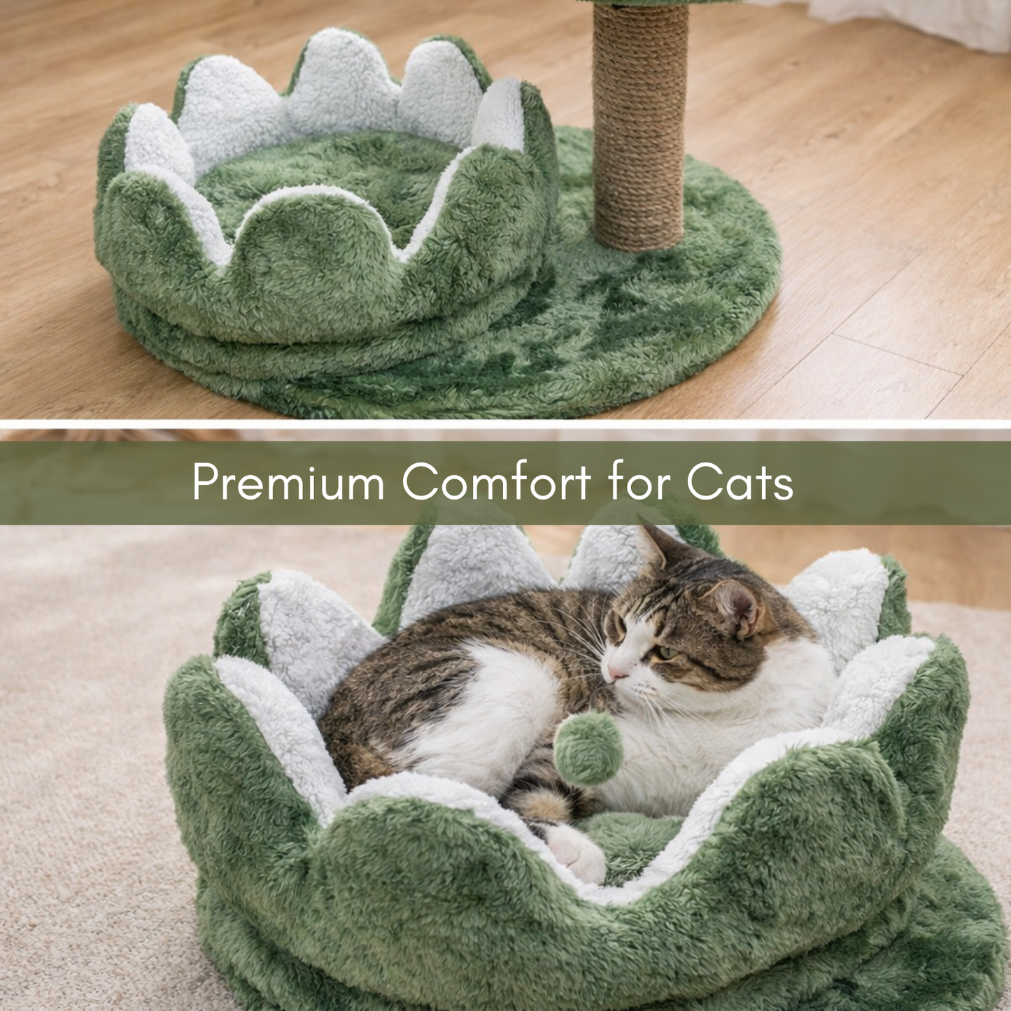 FURRLOVERS Cat Tree Tower with Scratching Post, Green and White, Plush Flower Design, 2-Tier with Hanging Ball Toy, 17 Inch Height (FURR-004-FLOWER)