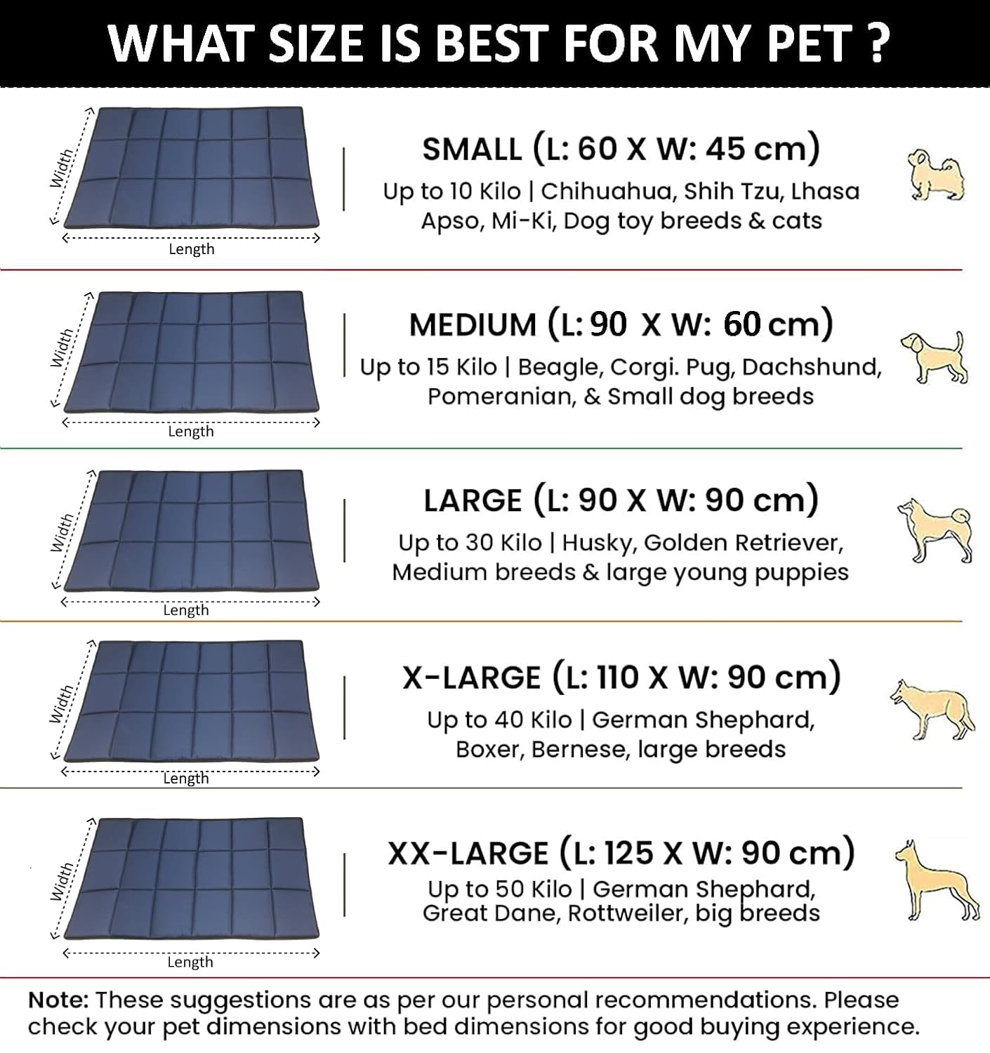 Blue Waterproof Dog Bed Mat, Comfort Pad for Indoor & Outdoor
