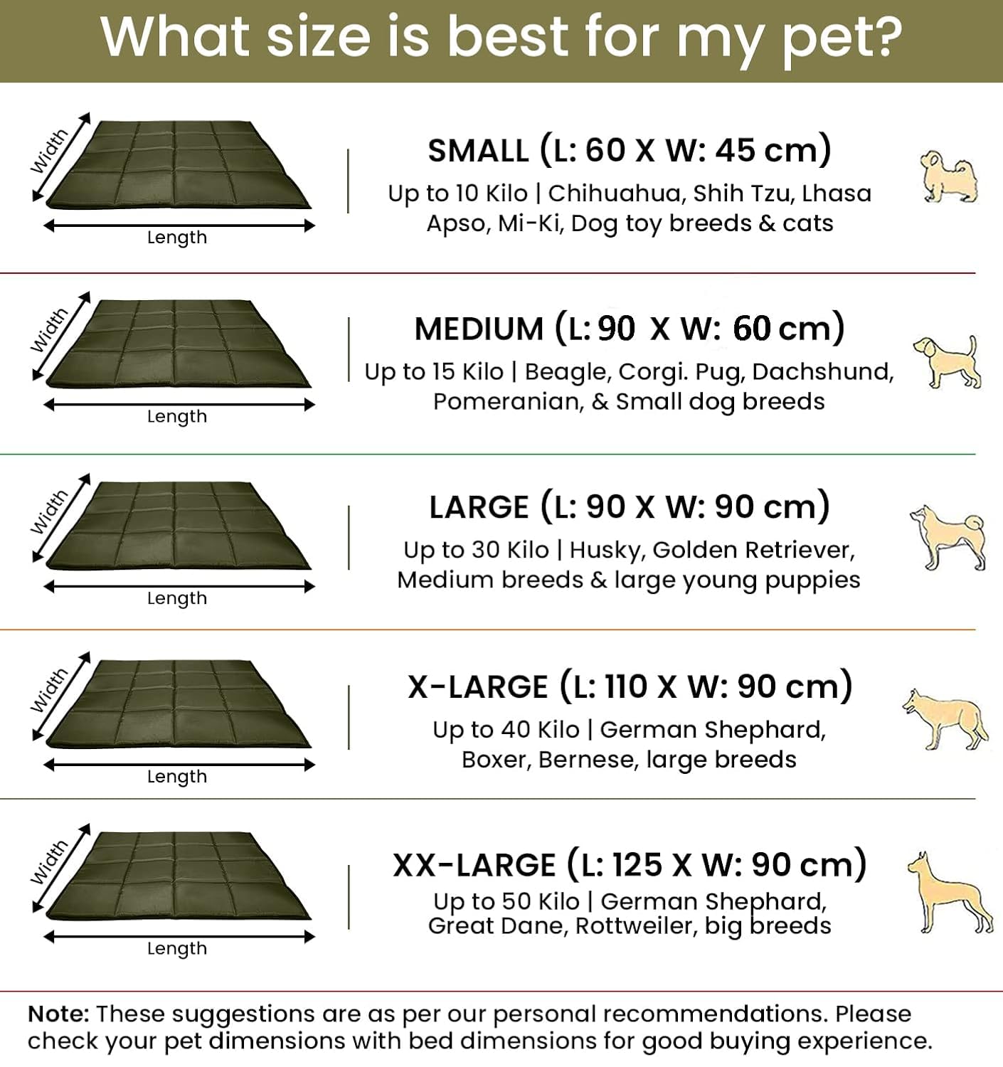 Green Waterproof Dog Bed Mat, Comfort Pad for Indoor & Outdoor